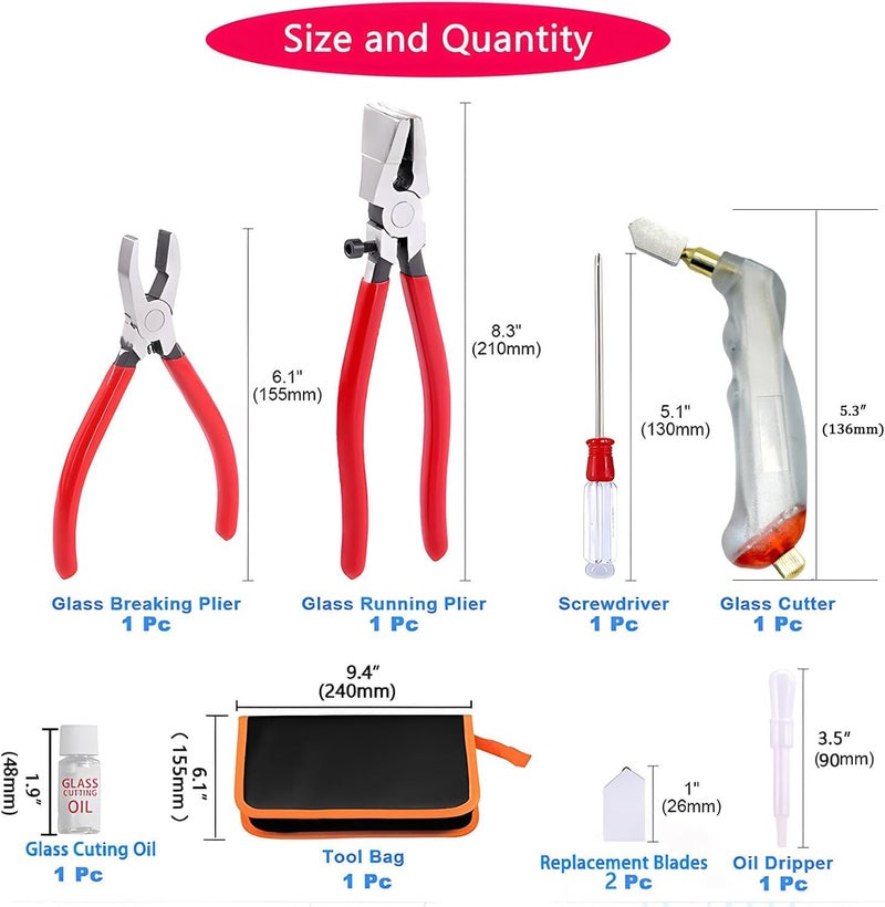 PUWANY Glass Cutting Tool Kit,Glass Cutters Tools Set with Oil Feed Glass Cutter Glass Running Pliers Breaker Pliers, Glass Cutting for Stained Glass Mosaic Tiles Mirrors,Zipper Package - Image 2